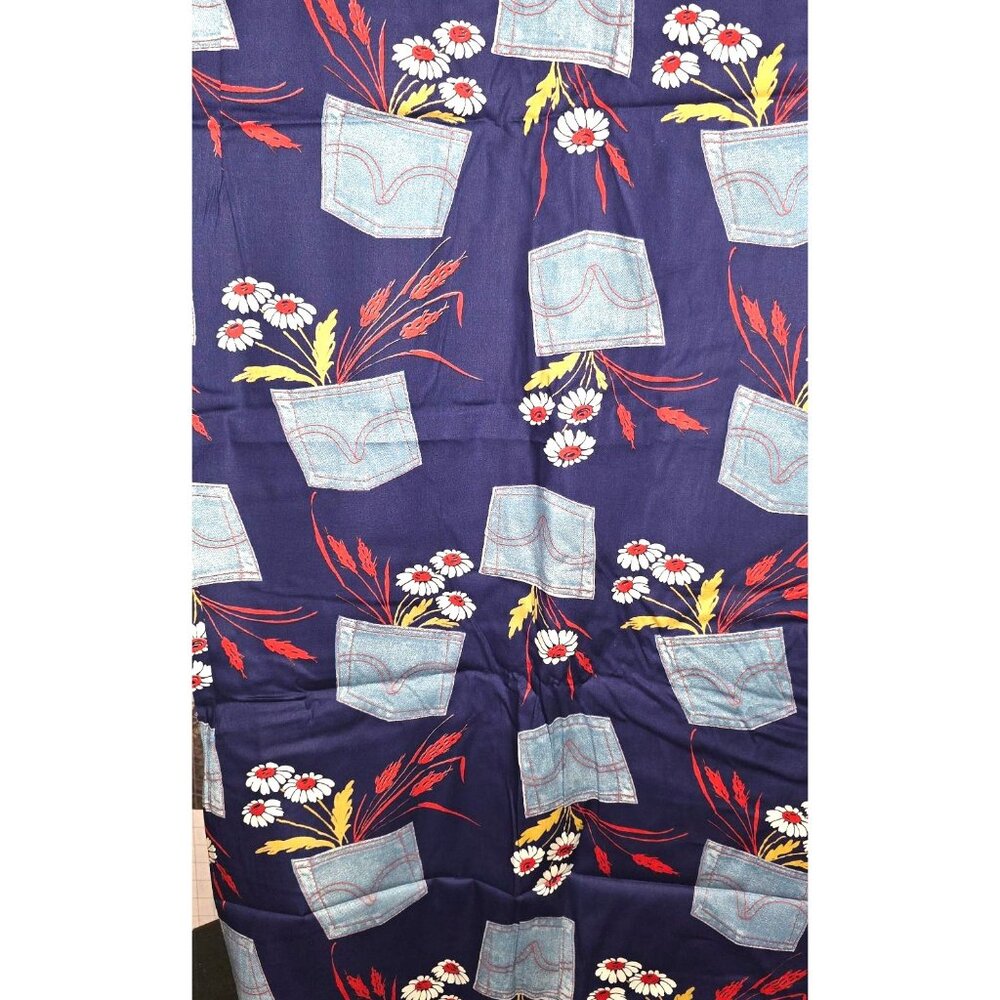 Vintage Fabric With Jean Pocket & Daisy Print 42" Wide Navy Red White Floral